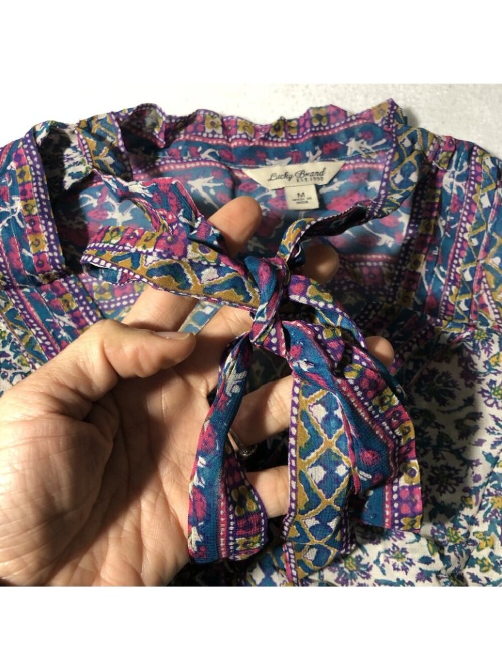 Lucky Brand Blouse Top Women Size M Purple Flower Bow Hippie Retro Boho Gypsy - Picture 6 of 12
